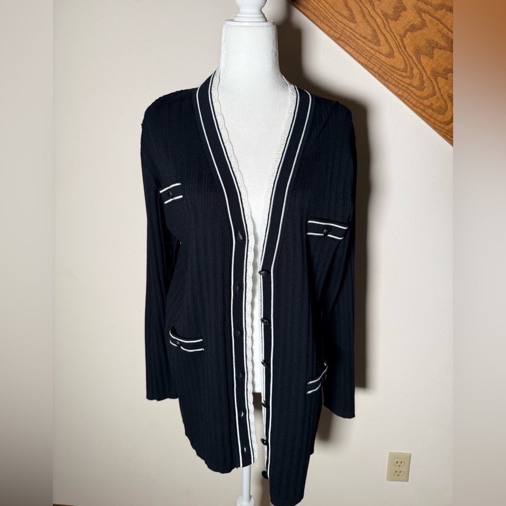Karl Langerfeld Black Cardigan Sweater with White Trim